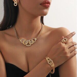 Women's Necklace Earrings Bracelet and Ring Set with Rhinestone Jewelry